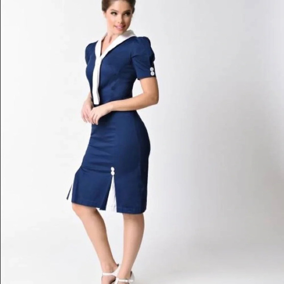 Unique Vintage x Hell Bunny Plus Size Navy Blue Sailor Jackie Pencil Dress - Picture 4 of 14